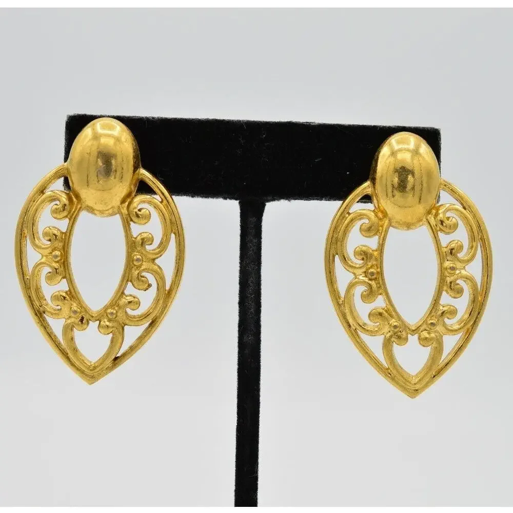 Vintage Earrings Post Brushed Antiqued Gold Dangle Chic Statement 1980s 9L